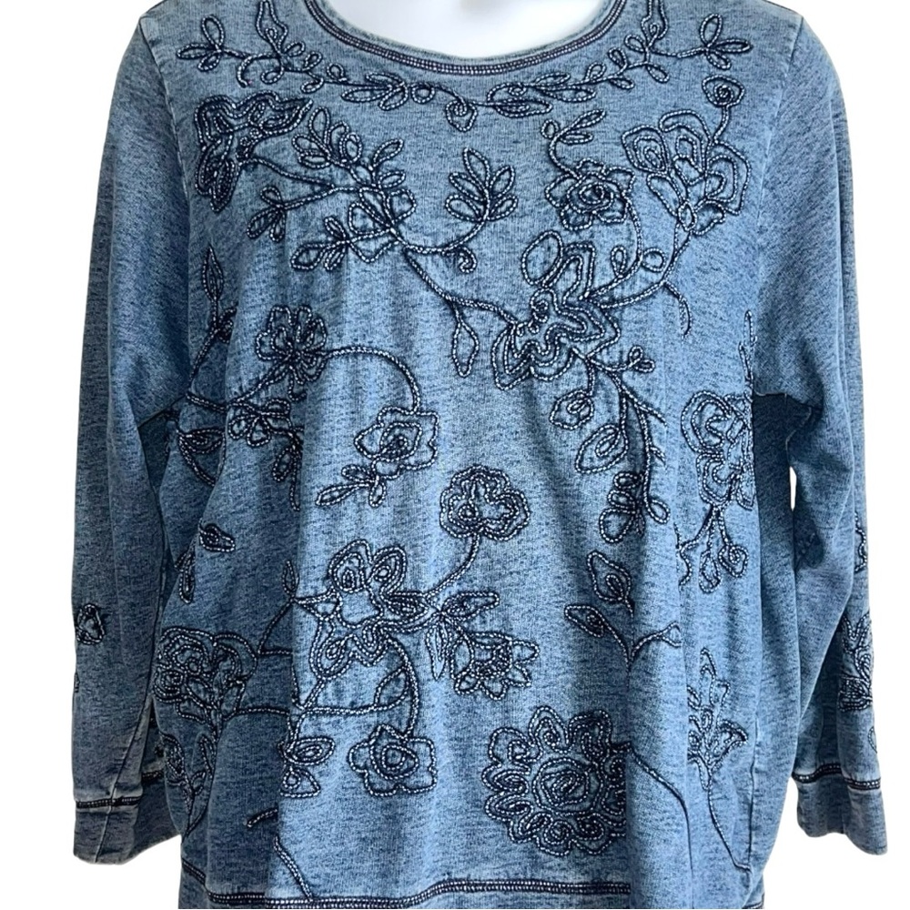 Coldwater Creek Knit Shirt Sz 2x Denim Blue & Black Embroidered Flowers Cotton - Picture 2 of 7